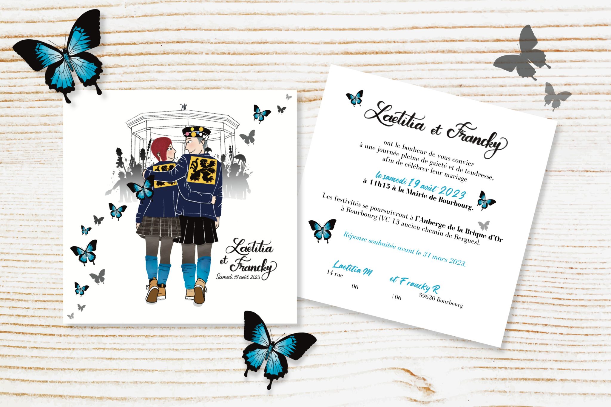Faire-part Mariage sur-mesure Carnaval de Dunkerque Rigodon Papillons Les Carnets de Bichette